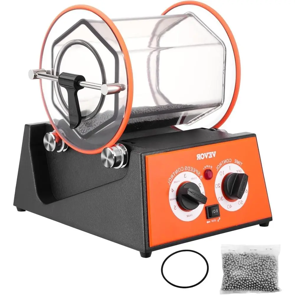 

11lbs/5kg Capacity Mini Tumbler Machine 0‑60 Minutes Timer 5 Speeds Jewelry Rotary Finisher For Polishing Grinding Buffing Gemstones Jewels Coins Orange+Black