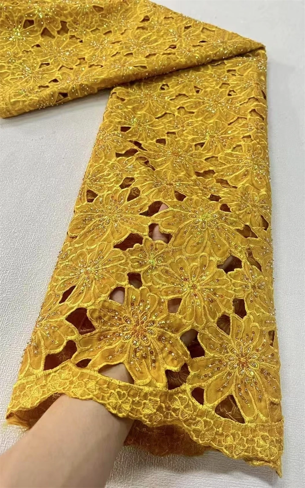 

High-Quality Africa Nigerian Sequins Cotton Embroidery Lace Fabric Tulle 5 Yards for Wedding Party Dress Chiffon JL457 2025