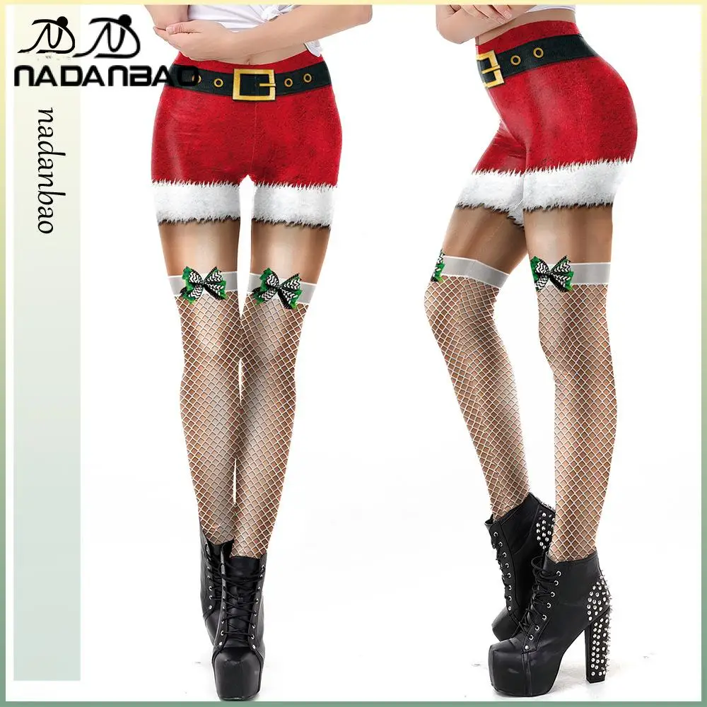 Nadanbao legging wanita motif pita renda natal celana panjang pesta liburan lucu wanita celana panjang ketat elastis pinggang sedang