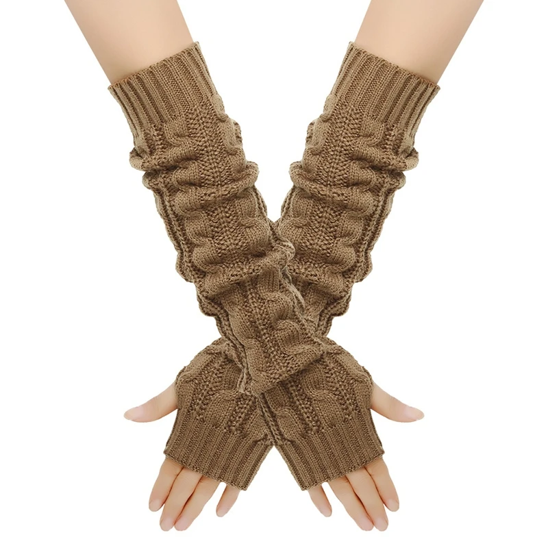 Fingerless Knitted Warm Long Fingerless Gloves Women's Autumn Winter Solid Color Stretchy Arm Sleeves Thumb Hole Mittens