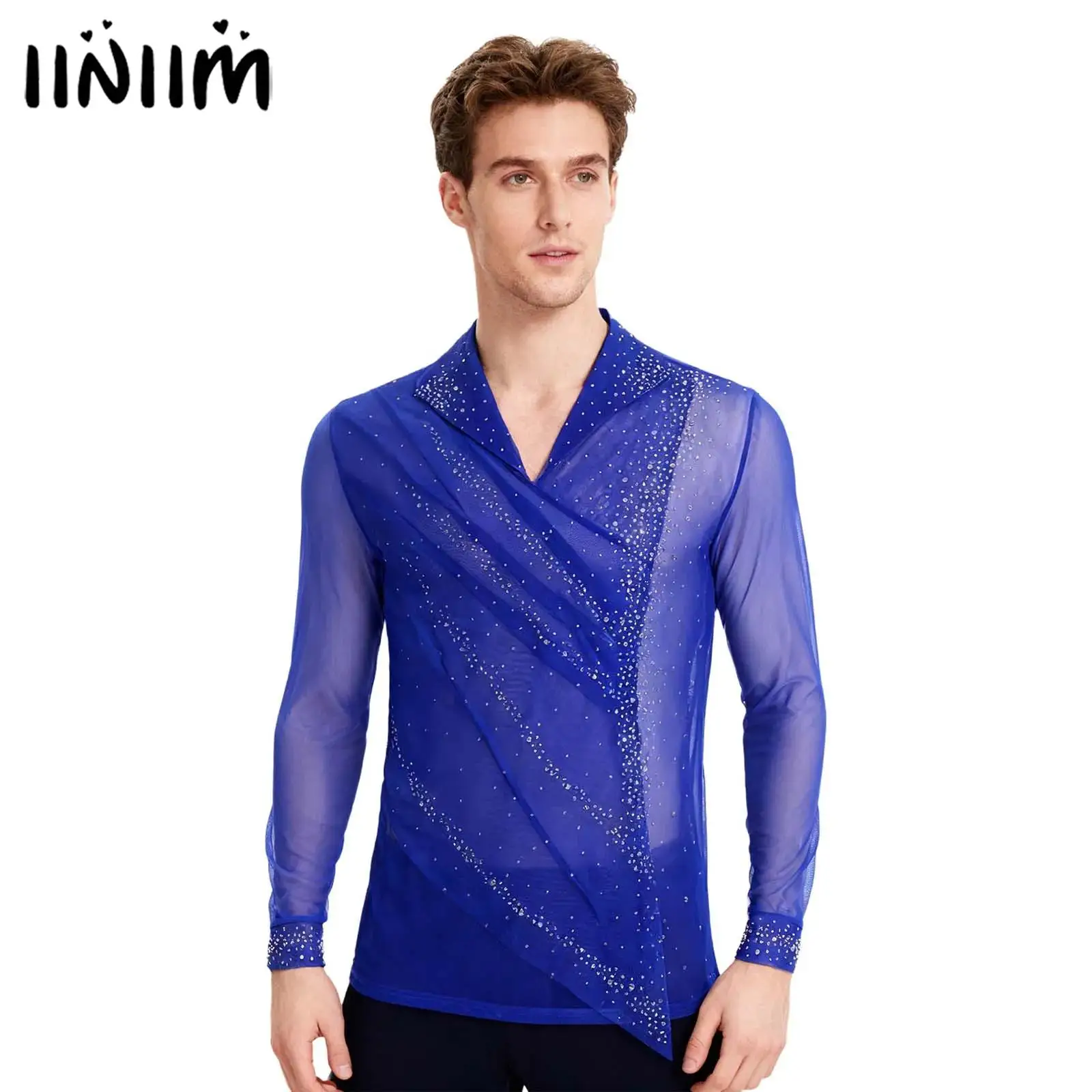 

Mens Gymnastics Figure Skating Ballet Performance Sheer Mesh Tops Glittery Rhinestones Front Ruched Overlay Lapel Pullover Shirt