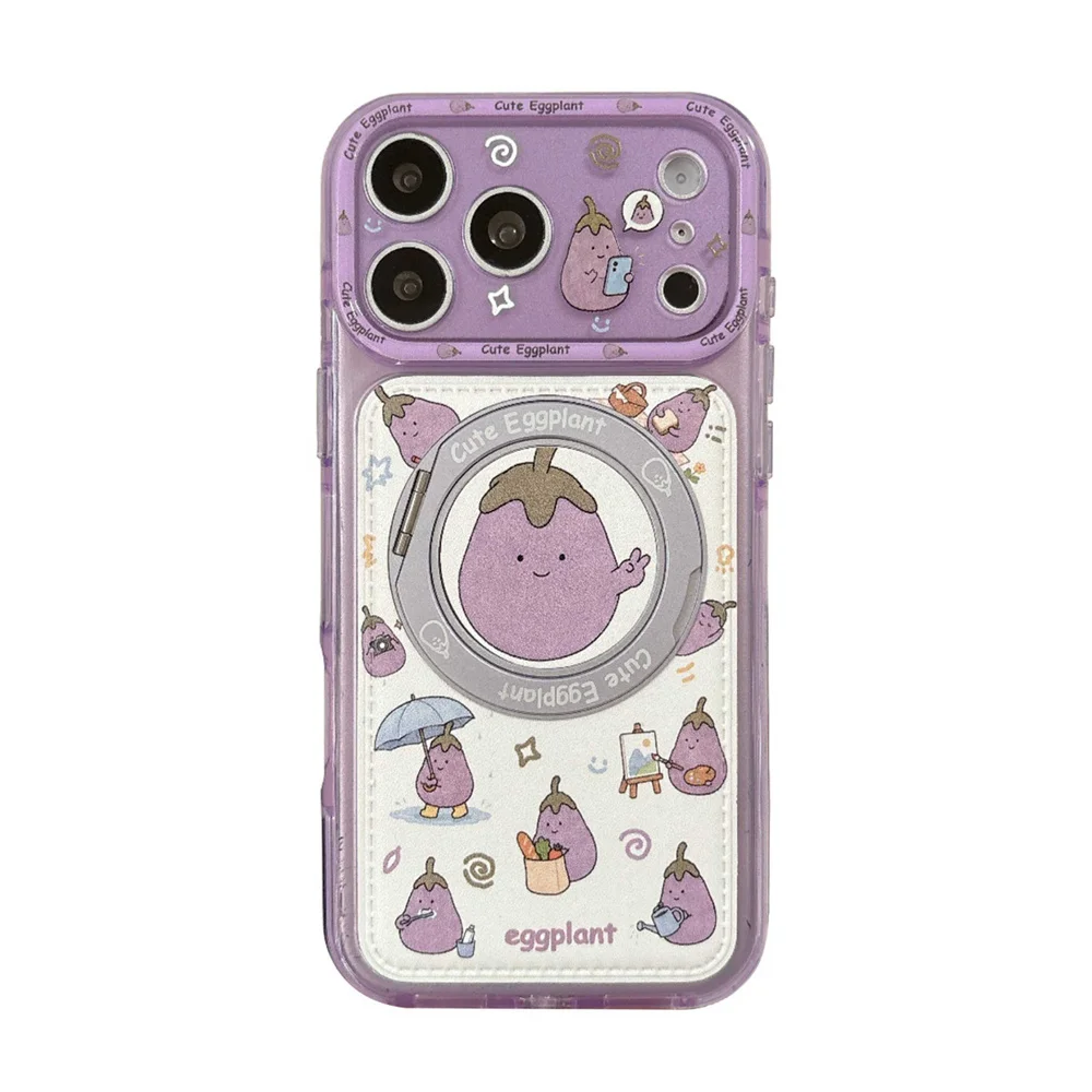 Kawaii Funny Eggplant Character Case For iPhone 15 16 17 Pro Max With Rotating Magnetic Holder Purple  Shockproof Phone Shell