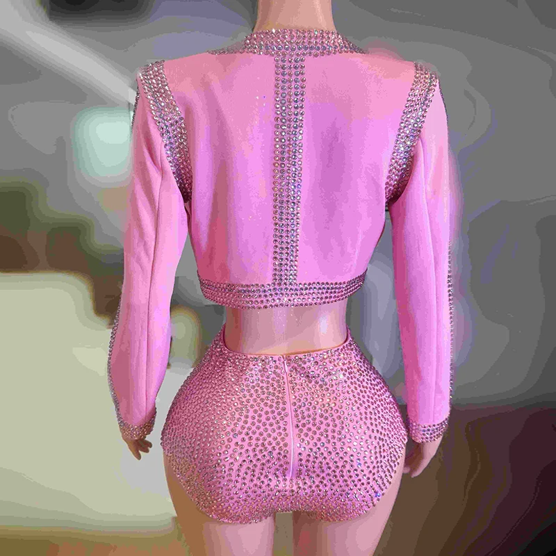 2025年 大人向けナイトクラブ ジャズダンス衣装 女性 ゴーゴーダンサー服 フェスティバル パーティーショー レイブウェア ピンクジャケット スカート グリッターコスチューム