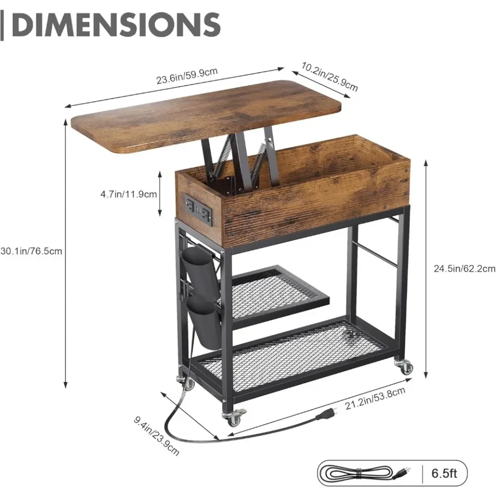 End Table with Charging Station and Wheels, Sofa Side Table with USB Port & AC Outlets, Movable Bedside