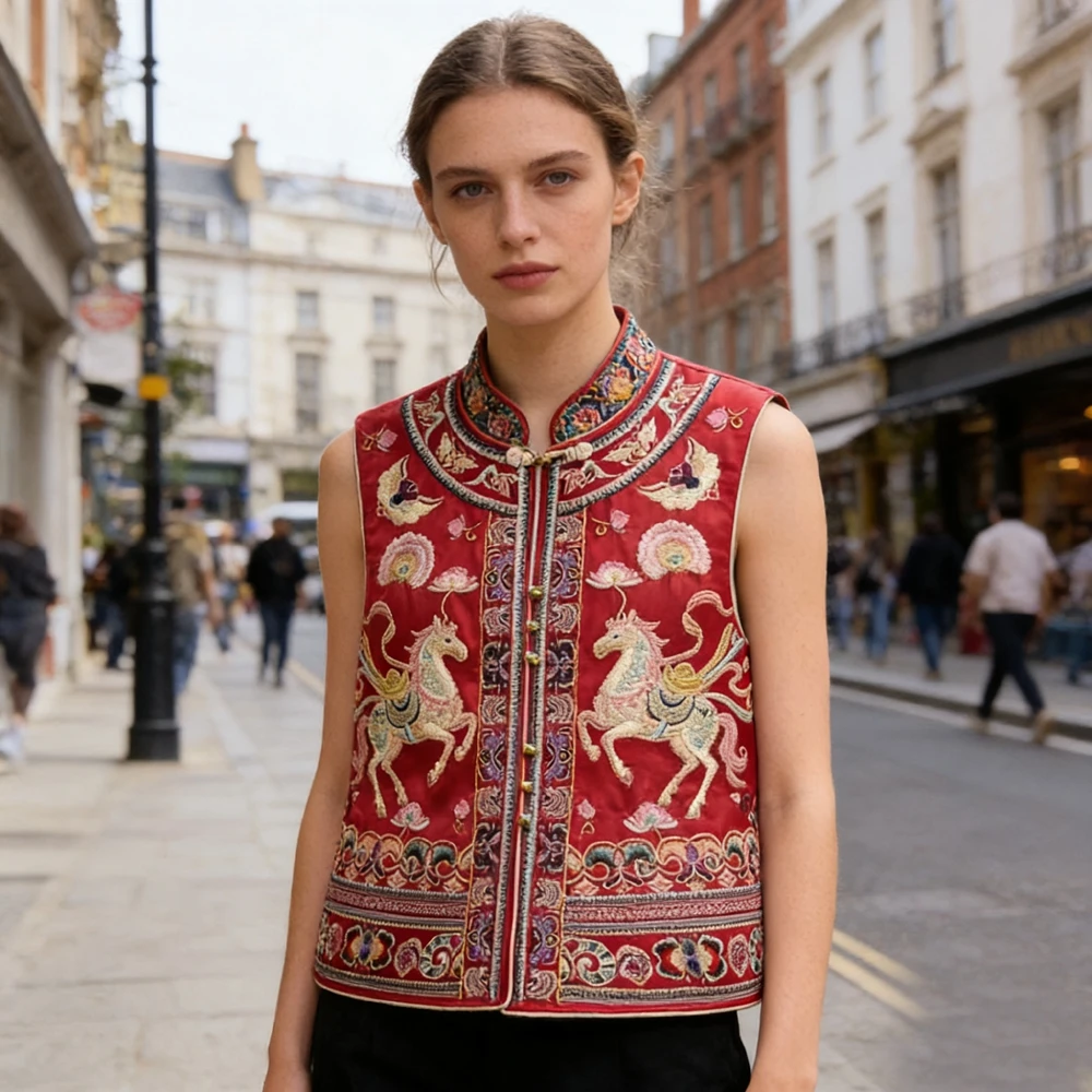 

Новые женские жилеты в китайском стиле, винтажная верхняя одежда с вышивкой лошади, топ-ципао, китайский костюм Тан, жилет, восточная одежда