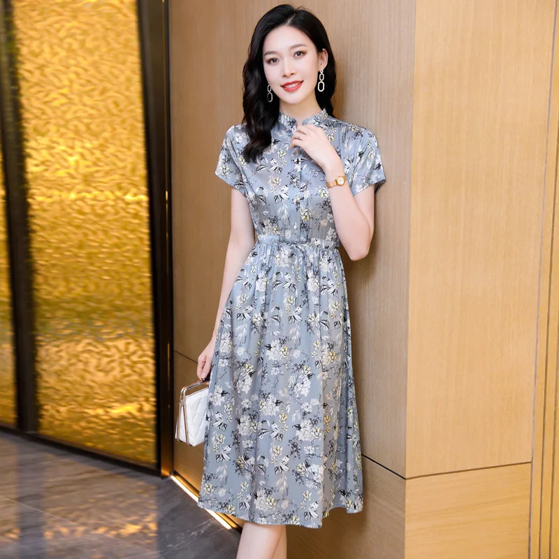 여성 패션 드레스 기품 있는 핏 92% 천연 뽕나무 실크 신축성 있는 새틴 우아한 스탠드업 칼라 반소매 드레스