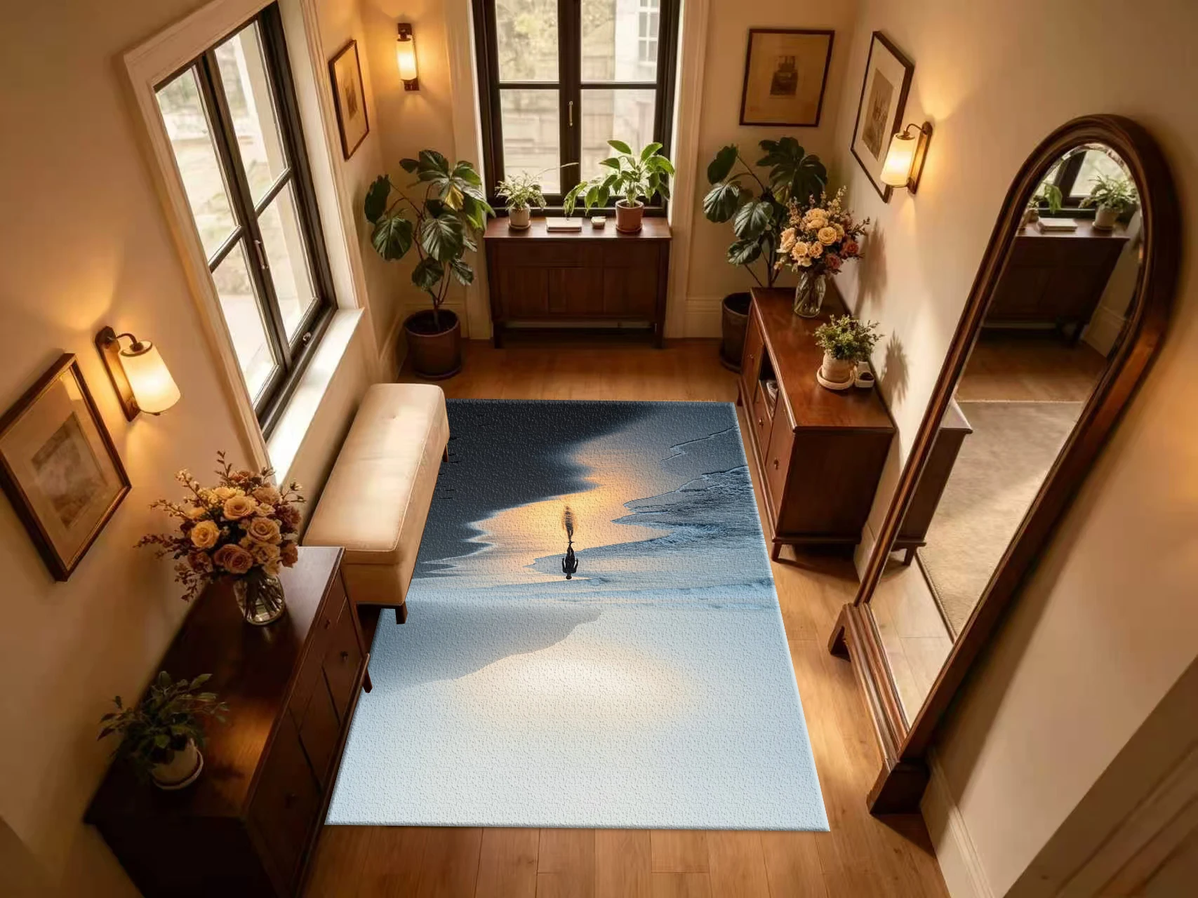 Coastal Seascape Scenery Carpet Flooring Beach Sunset Landscape Floor Rug Artistic Home Bedroom Decor Mat