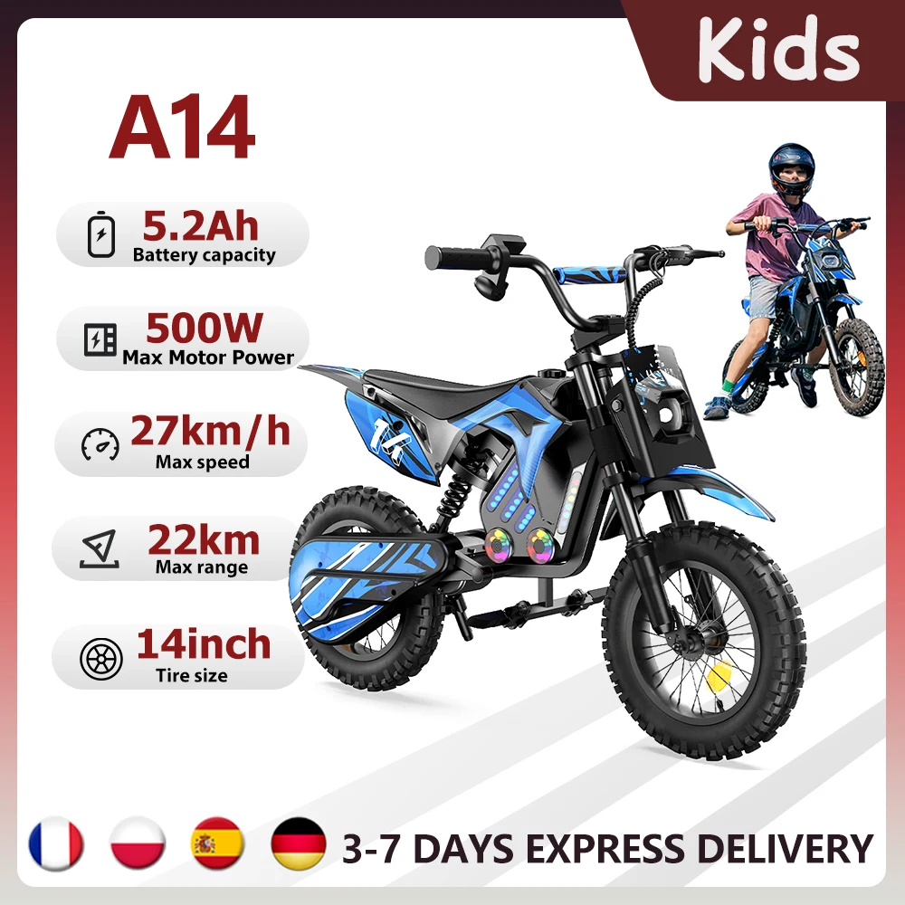 Elektryczny motocykl terenowy dla dzieci iScooter A14, 500W, 5.2Ah, prędkość maksymalna 27 km/h, 14-calowe koła, do jazdy w terenie i na szlakach.