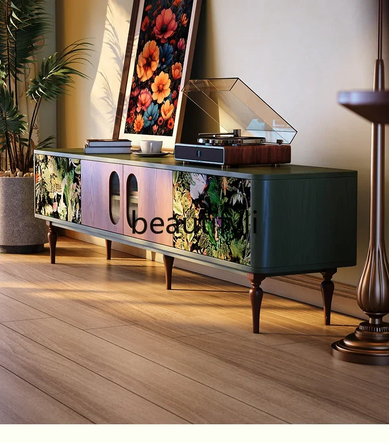 

TV cabinet, living room French retro style solid wood TV cabinet, green floor storage cabinet