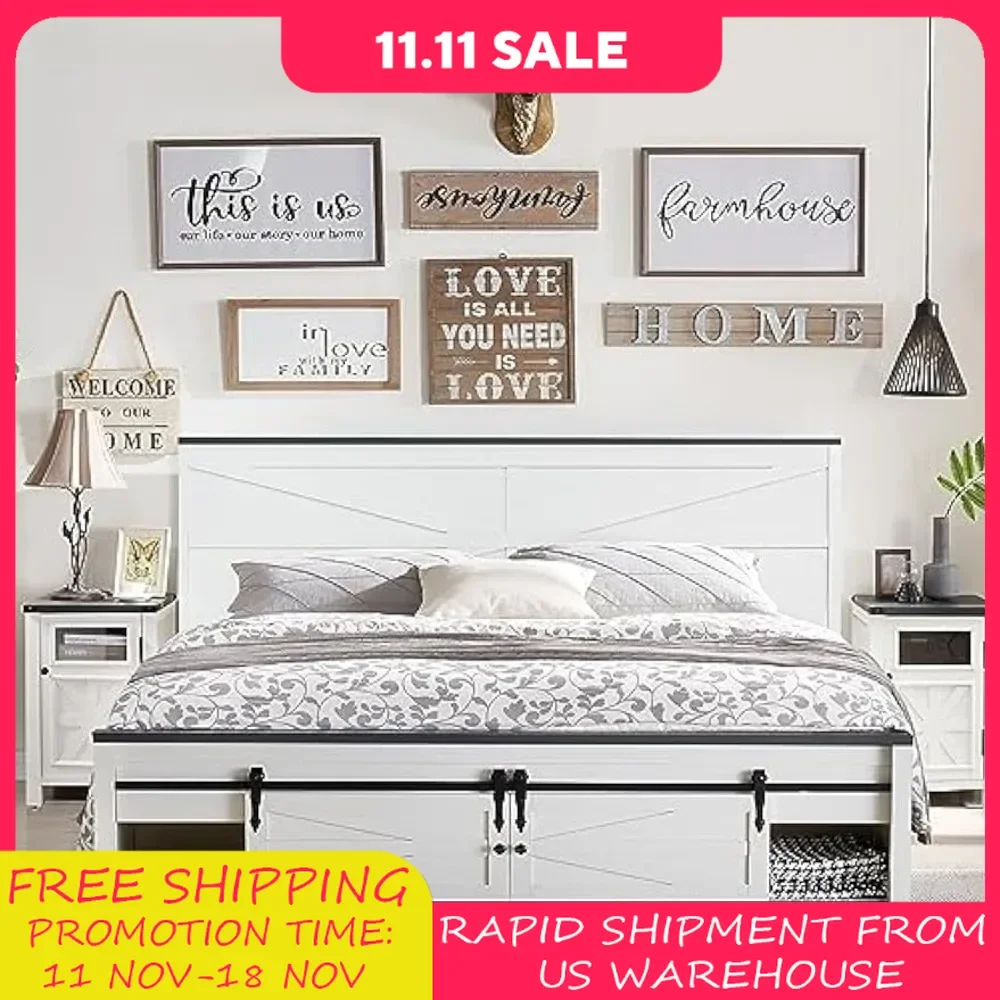 

Bed Frame King Size with Sliding Barn Door Storage Cabinets and Headboard, Solid Wood Slats Support, Farmhouse Wood Bed Frame