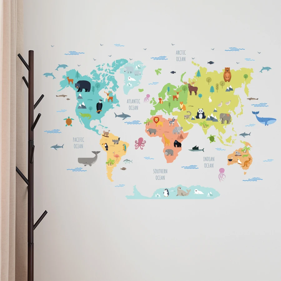 Kids room cartoon animal world map wall sticker self adhesive kindergarten school wall art decal