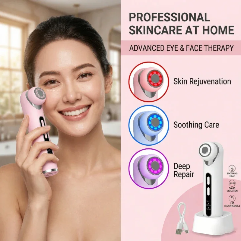 3 Color Light Therapy Beauty Device 6 in1 Hot Compress Vibration Massage Pore Cleansing V-Face Lifting USB Rechargeable Home Use