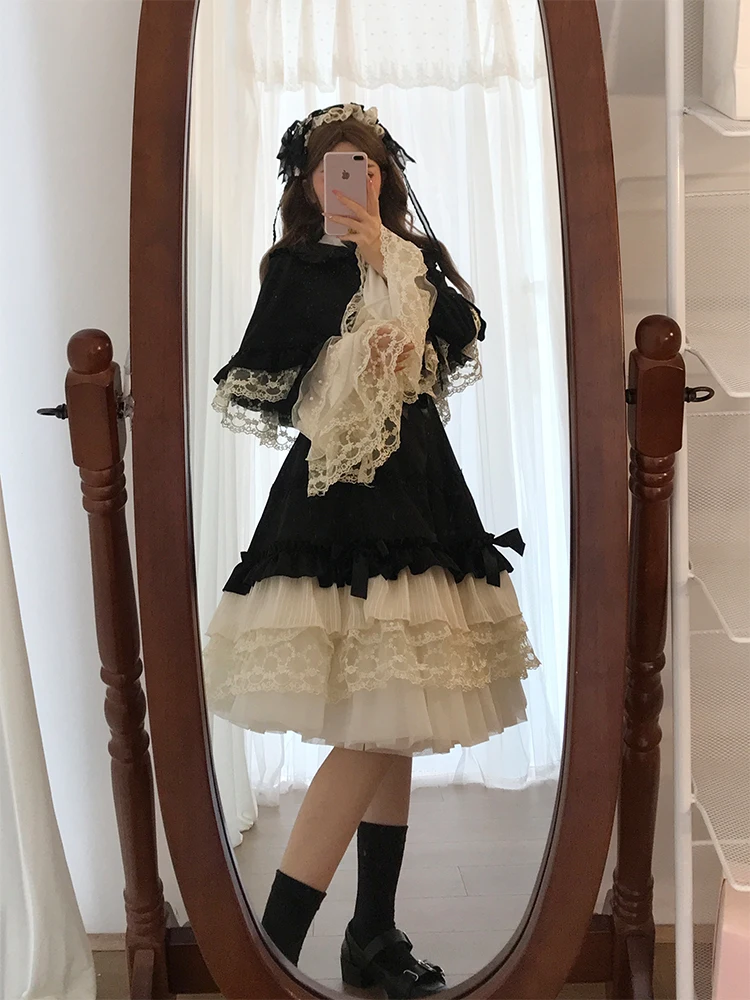 

Sweet Bla Lolita Princ Dr комплект из двух предметов с плащом для женщин осень-зима модный ансамбль длинный све кружевной дизайн