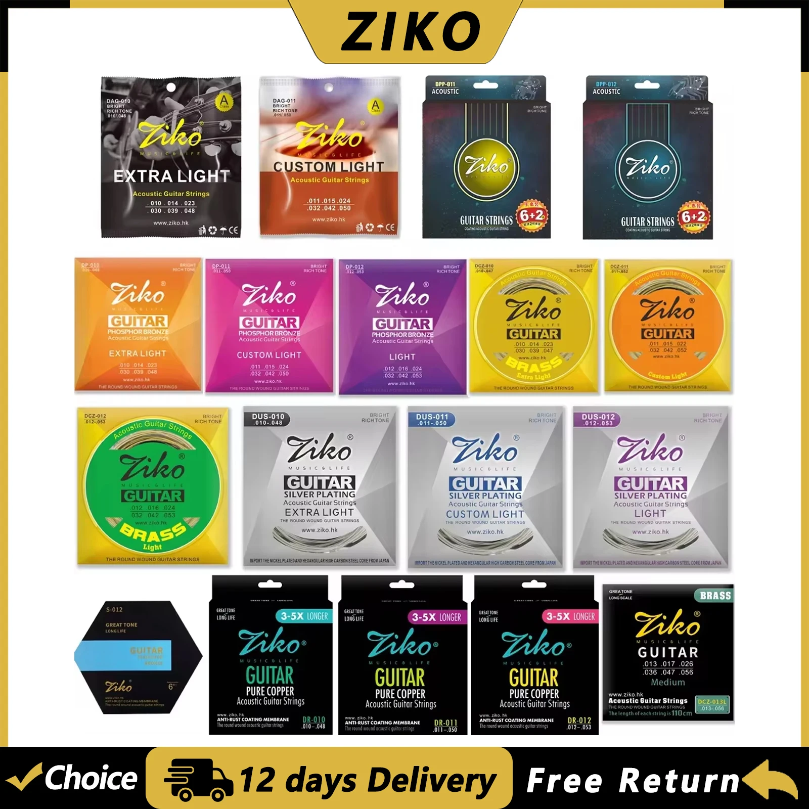 ZIKO 6Pcs/Set Acoustic Guitar Strings Hexagon Carbon Steel Core Silver-plating Strings Folk Guitar Parts & Accessories