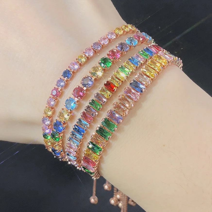 Bracelet de Tennis coloré en zircone pour femmes, ajustable, disposé au hasard, bijou arc-en-ciel de mariage, cadeaux d'anniversaire, DZH043