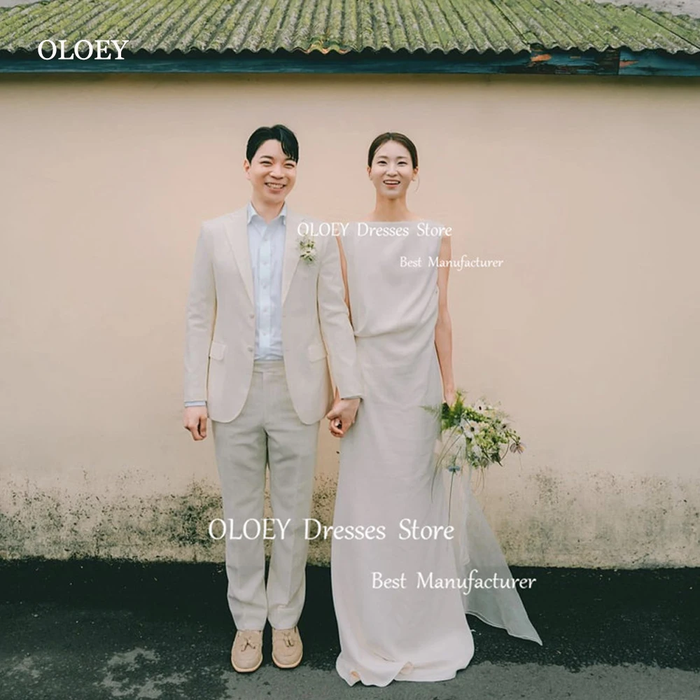 OLOEY Simple Korea Wedding Dresses Sheath Bateau Neck Stretch Floor Length Photo Shoot Bride Gowns Formal Party Dress Plain