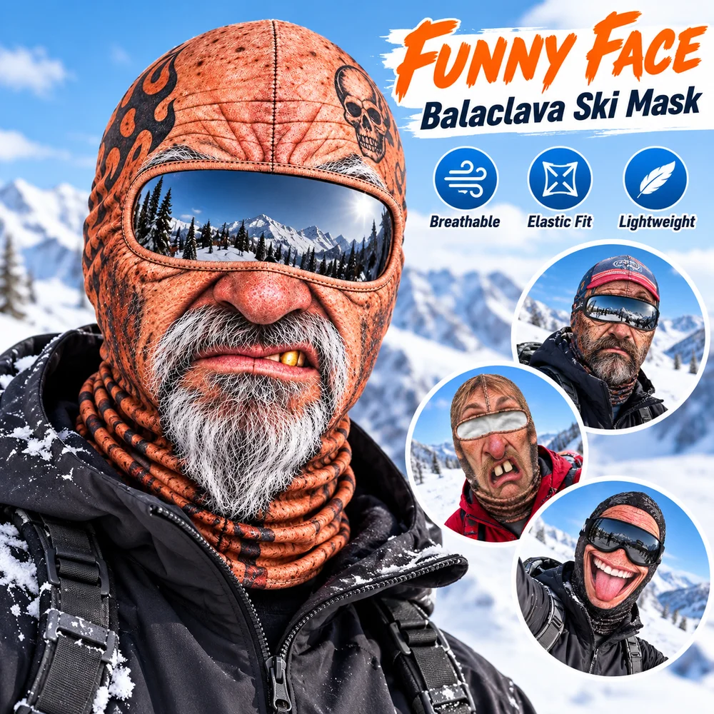 3D Face Printed Old Man Balaclava Face Mask White Mustache Full Coverage Funny Ski Mask Breathable Eye Hole Elastic
