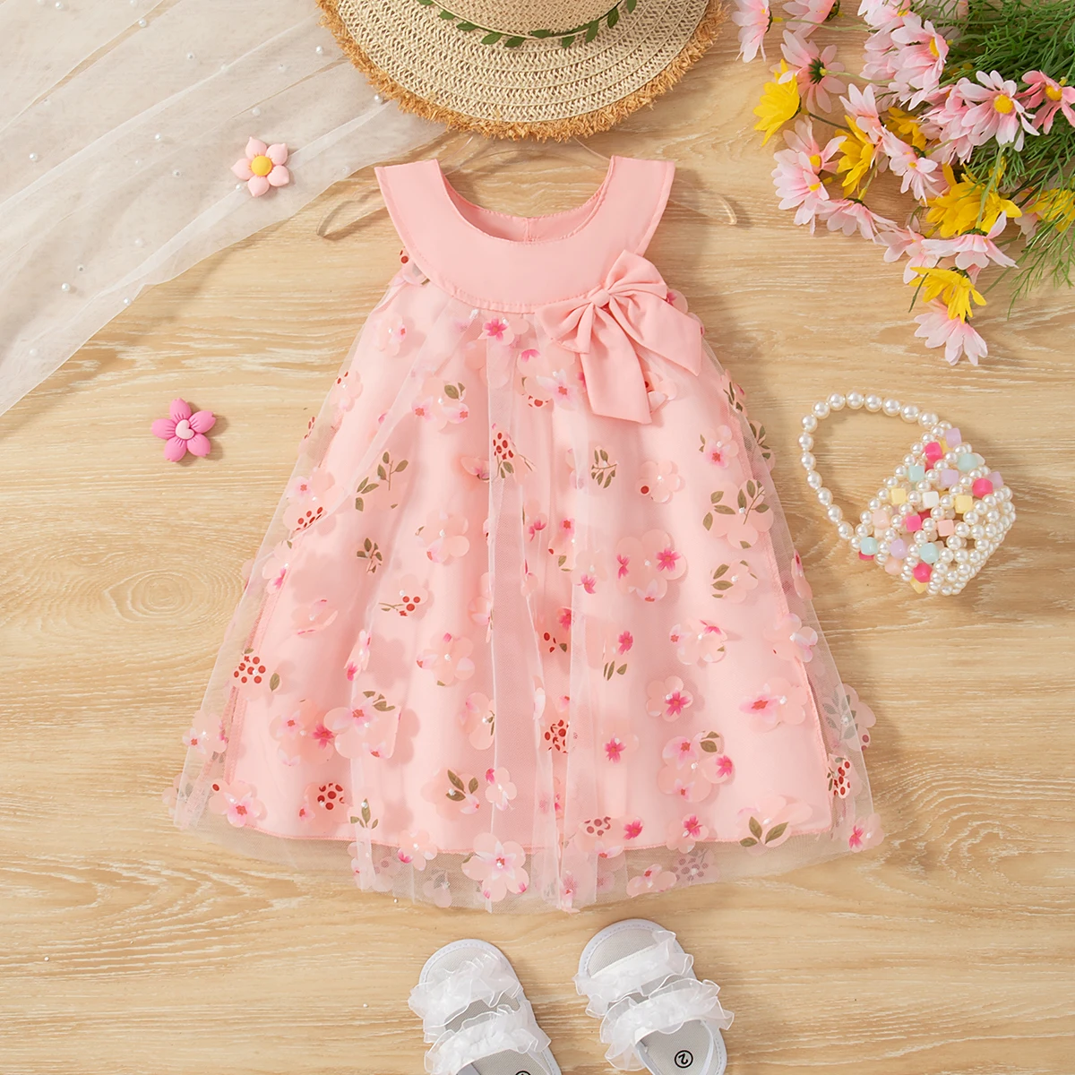 (0-3 Years) New Summer Girls Dress Halter Floral Floral Mesh Bow Round Neck Sweet Princess Dress Birthday Party Party Dress