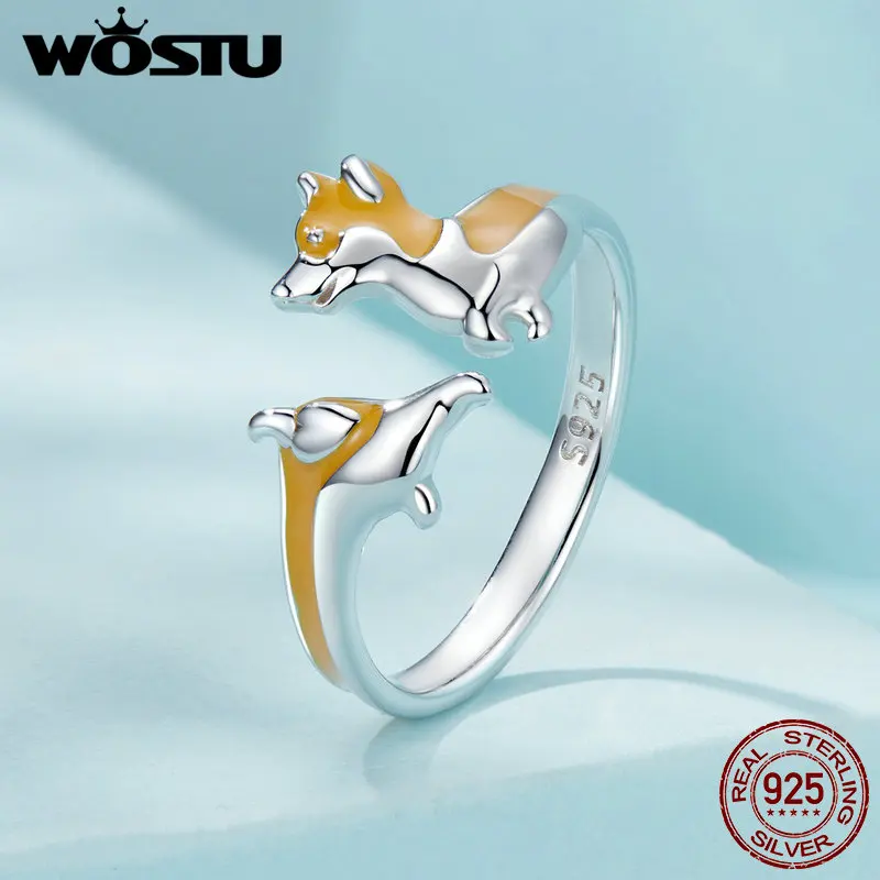 WOSTU 925 Sterling Silver Lovely Corgi Open Ring Doggey Ring with Enamel Fine Jewelry for Women Girl Party Birthday Memory Gift