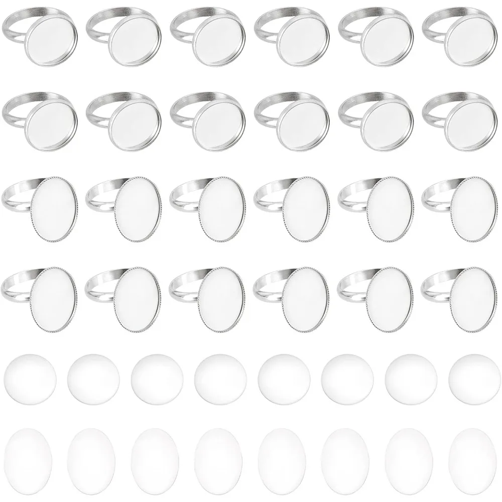 24Pcs 2 Styles Adjustable Ring Base Oval Base Rings Blank Finger Rings Cabochon Base Bezel for Ring Blanks Stainless Steel Pad