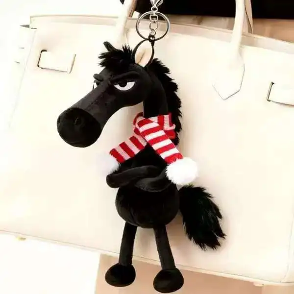 Exquisite Cartoon Pferd Schlüsselanhänger Handwerkskunst mit Schal Pony Plüsch Puppe gefüllt schwarz Simulation Pferd Spielzeug Raumdekoration