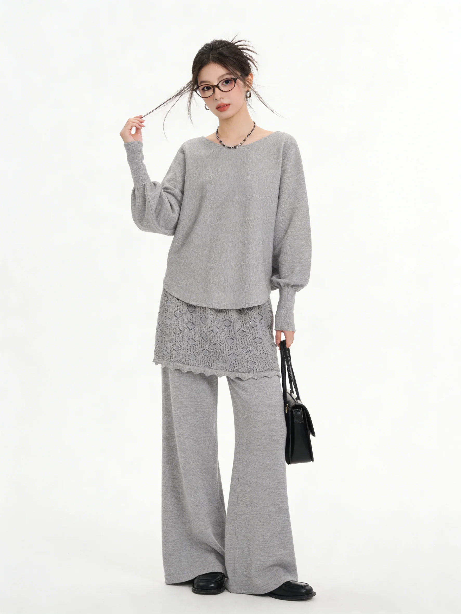 

Приятный для кожи вязаный свитер с рукавами-крылышками и комплект брюк с широкими штанинами в корейском стиле, повседневные брюки для ранней весны, лоскутные женские брюки...