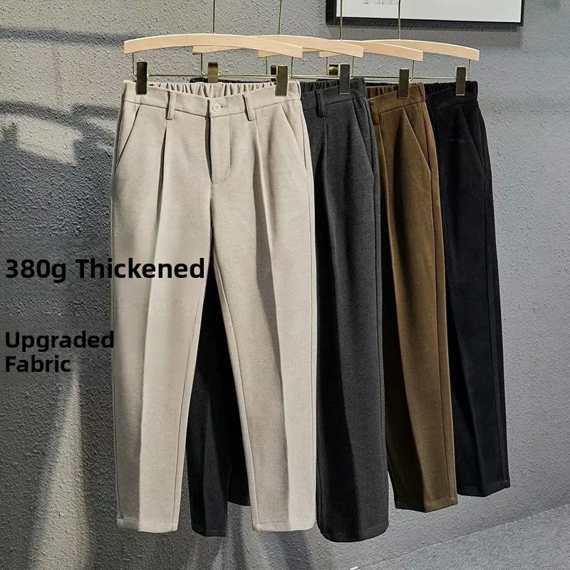 

Fall Winter Thiened Woolen Tweed Men's Straight Leg Pants Nine-Tenths Faionable Slim Fit Warm Trousers Casual Urban Sle