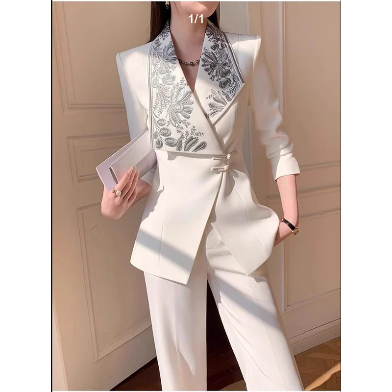 

New Chinese Style High-End Suit Embroidered High-Definition Button White Flared Pants Elegant Atmosphere Traditional Fashion