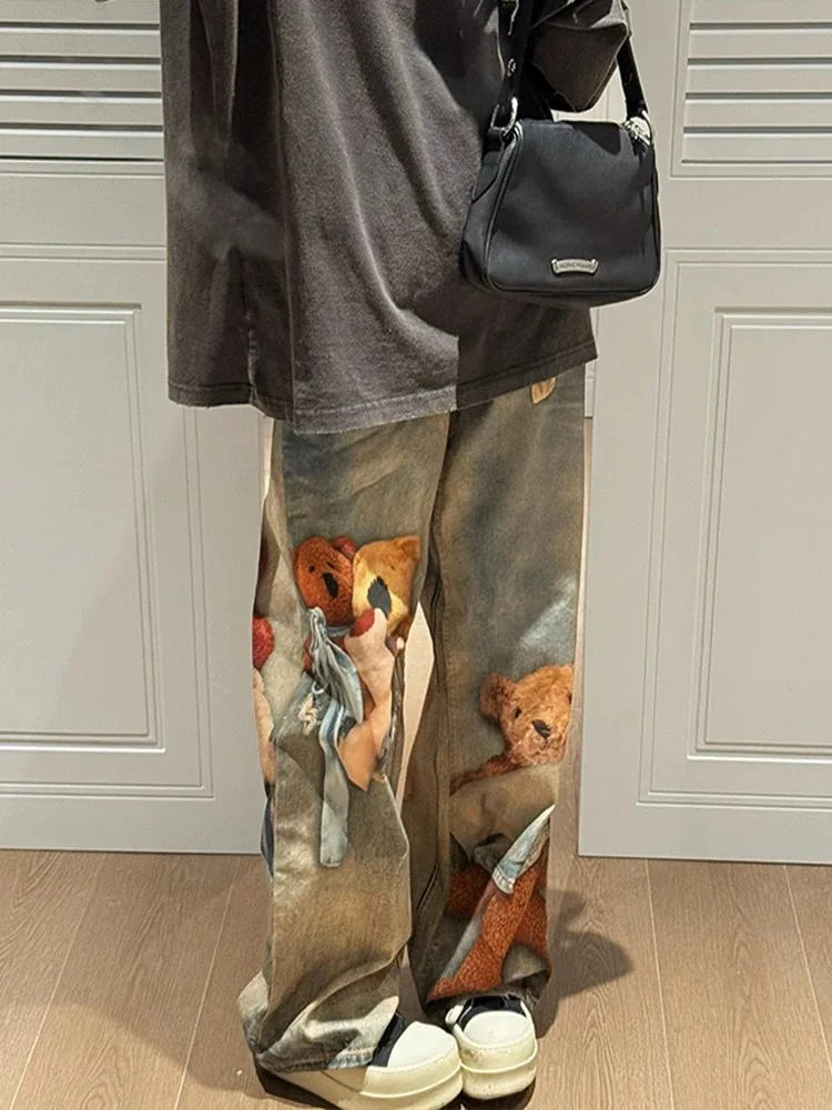 Y2K Little Bear Jeans Printed Straight Tube Wide Leg Pants Vintage Fashionable for Women Spring Autumn