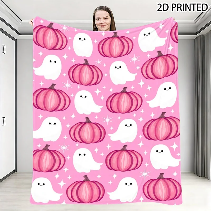 Bright Pink Cartoon & Striped Pumpkin Print Halloween Throw Blanket, Whimsical Sparkly Fall Decor Small Nap Blanket in Multiple