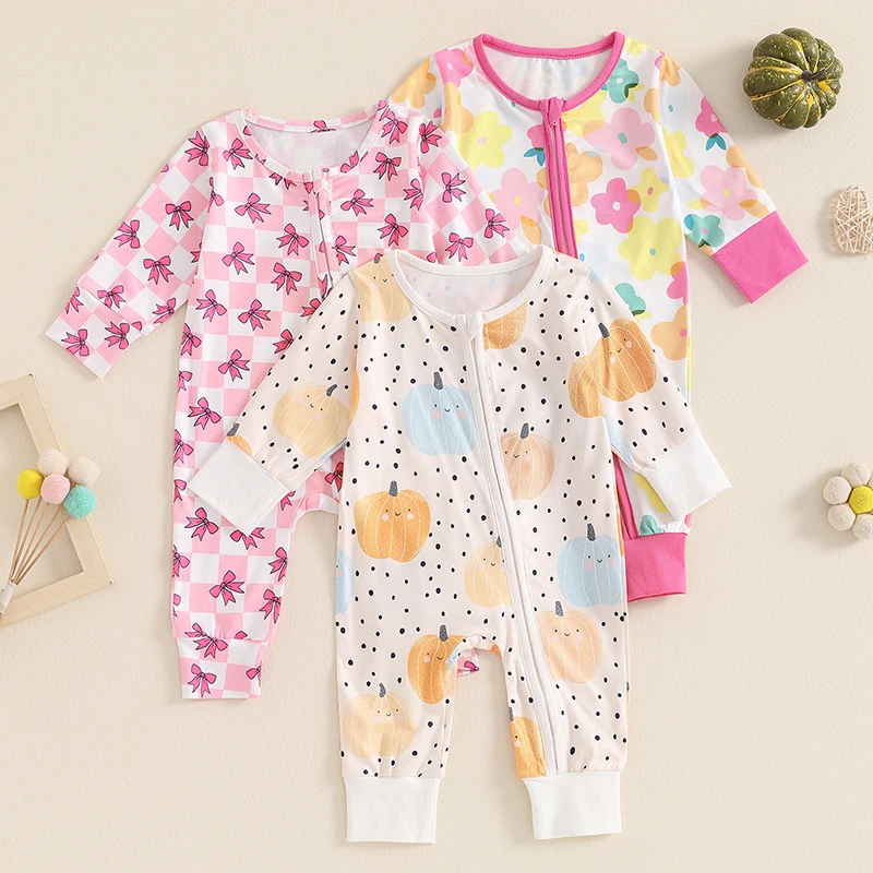 

0-12M Fall Newborn Baby Girls Jumpsuit Long Sleeve Crew Neck Flower Pumpkin Bow Print Zipper Closure Casual Romper Clothes