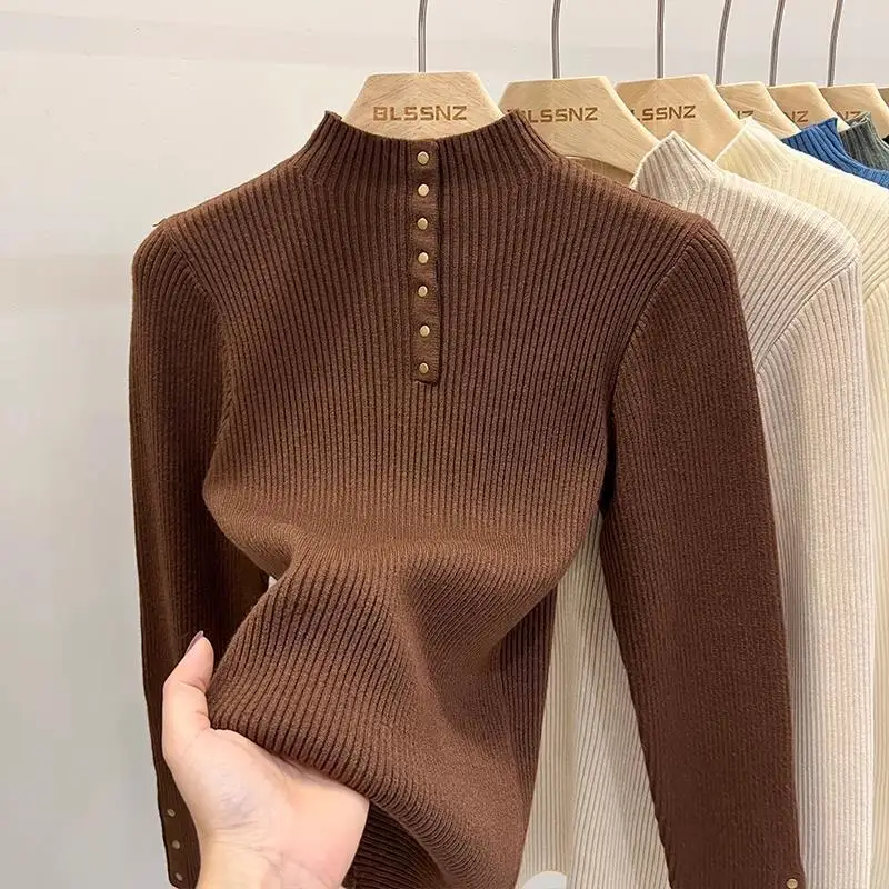 Large Women's Half High Neck Knitted Sweater in Autumn and Winter New Fashion Design Long Sleeve Versatile Sweater