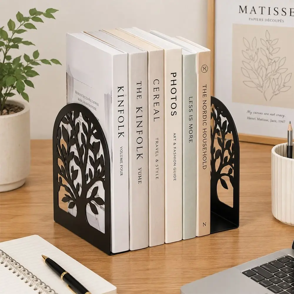2Pcs Durable Metal Metal Bookends Hollow Tree Pattern T-Shape Book Supports Non Slip Book Stopper Gift