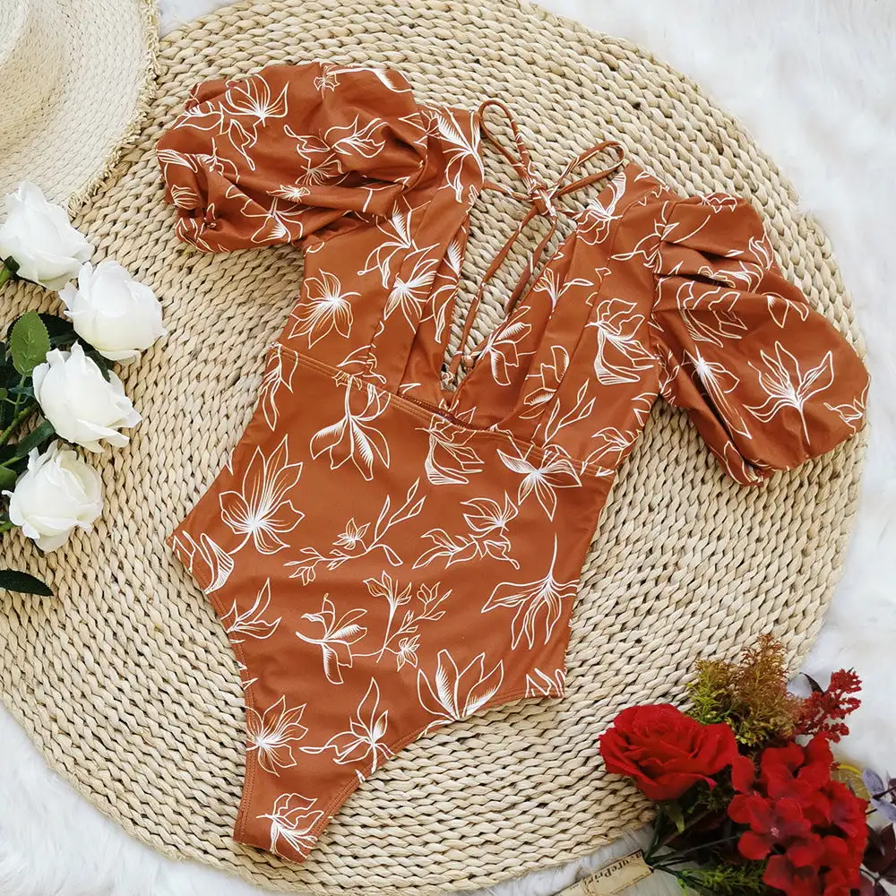 Monokini com estampa floral feminina sem costas com mangas curtas, roupa de banho com decote V, roupa de praia, novo, 2023