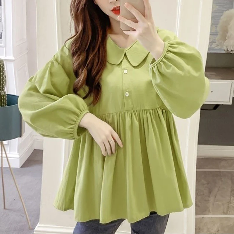 Ruffle Kawaii Sweet Peter Pan Collar Loose Tops Blouses for Women 2023 Spring Autumn New Korean Fashion Solid Long Sleeve Shirts