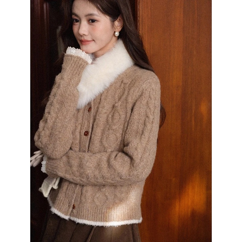 

ALXNAN Women's Cardigan Color-blocking Buttons Lace Trim Patchwork Slim-fit Sweater Autumn Vintage Long Sleeve Knitwear L58556