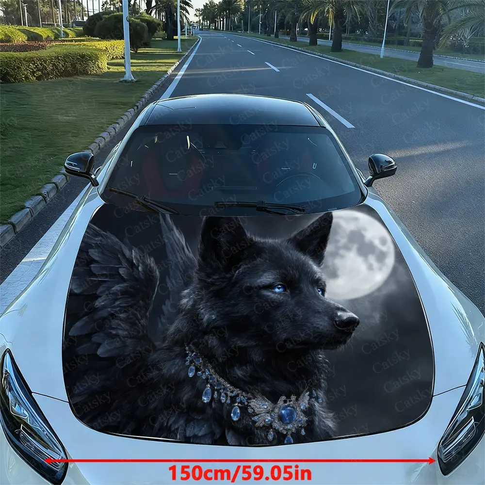 Black Winged Blue Eyed Wolf Car Hood Vinyl Sticker Wrap, Universal Engine Cover Decal, Durable Paper Material, Protective Film F