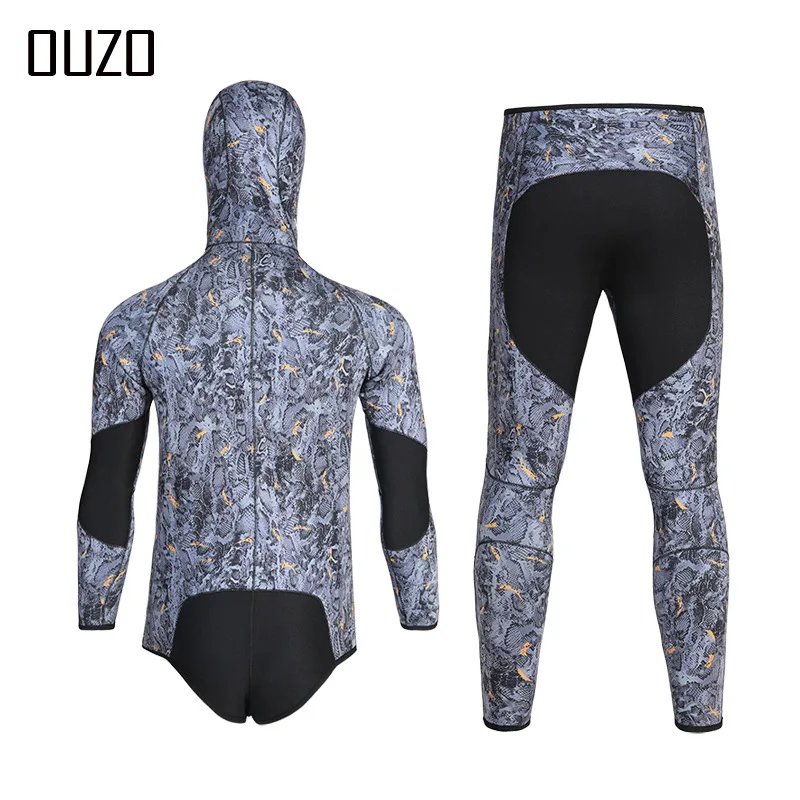 Wetsuit Thickened Thermal Camouflage Wetsuit, Surfing Winter Swimsuit 5Mm Fish Hunting Suit Men's Split Hooded CR Light Leather