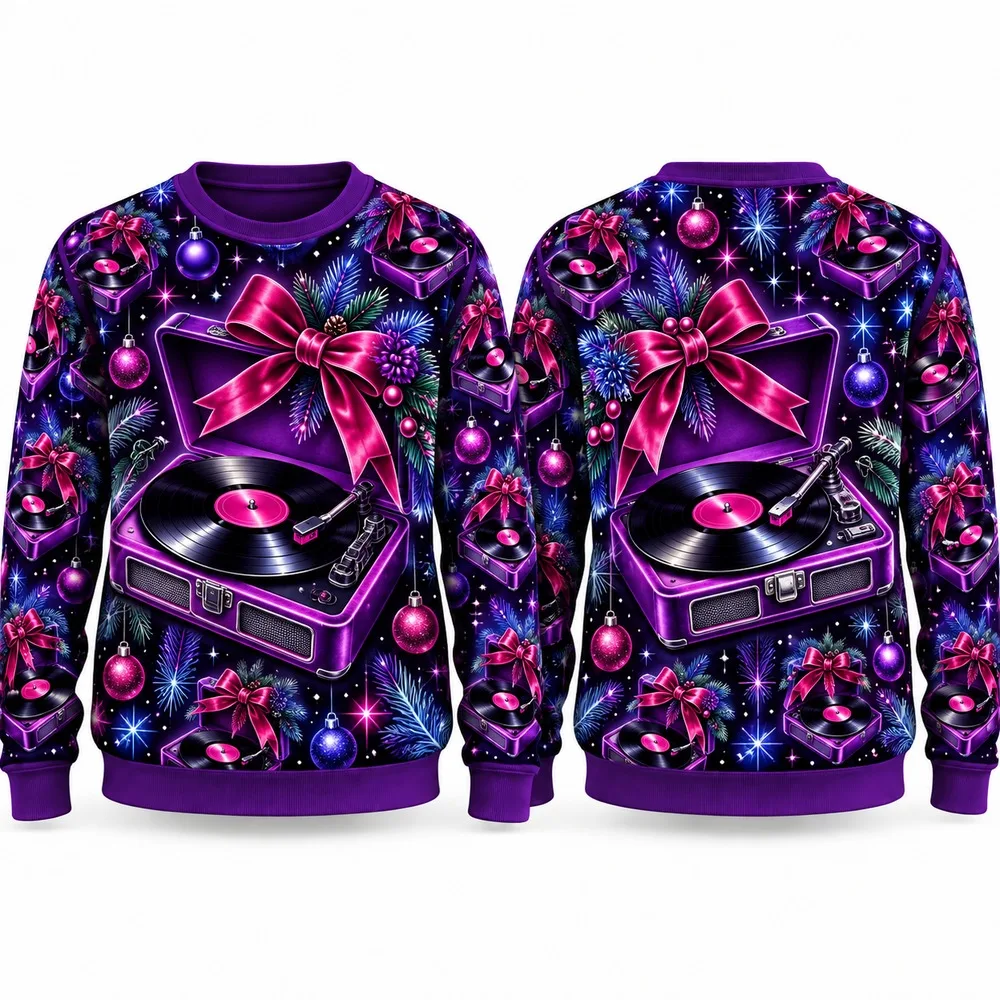 New Christmas Record Player Ugly Christmas Sweater for Men Women Festive Holiday Party Crewneck Pullover Long Funny Sweaters