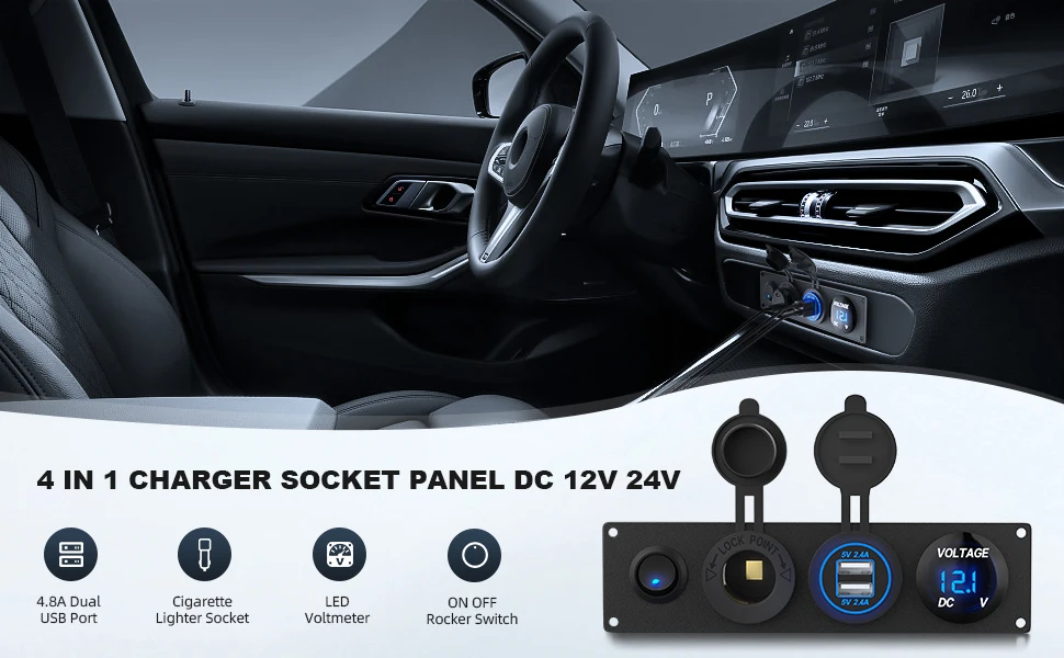 DaierTek 4-in-1-EIN/AUS-Ladegerät-Buchse, Dual-USB-Buchse, Steckdose und LED-Voltmeter, Zigarettenanzünder-Buchse und LED-Schalter – Detail 1
