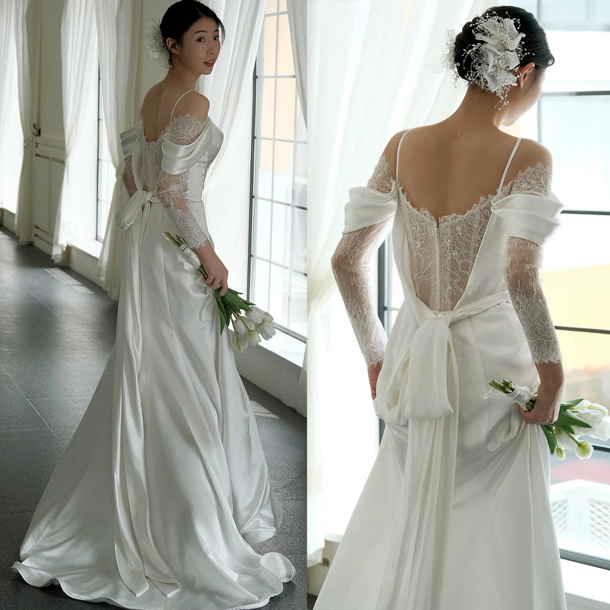 PJN 2025 NEW Long Sleeve Wedding Party Dress Bride White Satin Lace Snapshot Dresses Women Formal Cocktail Long Evening Dress