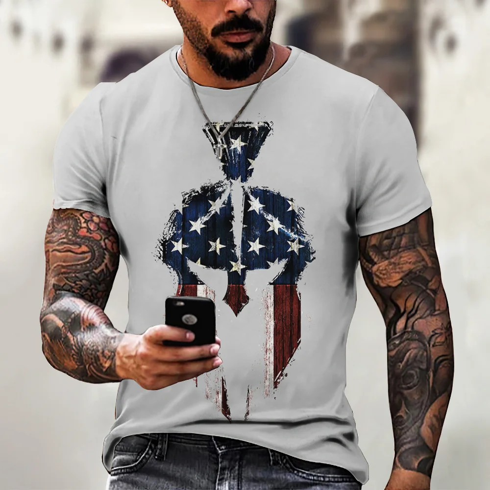 Summer Men's 3d Printed Spartan Print Short Sleeve O-Neck T-Shirt Fashion Loose Street Personality Trend Retro Plus Size Top