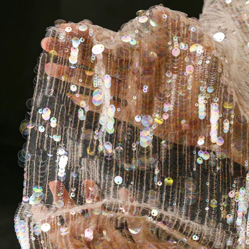 50x125cm Iridescent Scale Sequin Tulle Fabric Glitter Drop Linear Embroidery Bead Mesh Fabric for Gown DIY Costume Dress Making