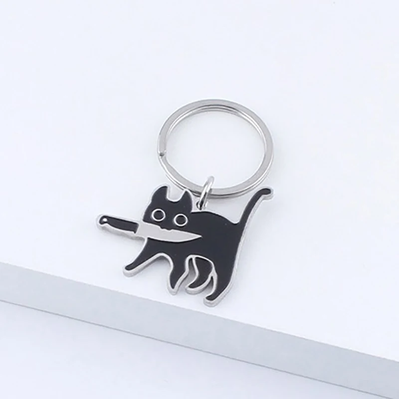 Cute Cartoon Knife Cat Keychain, Aço inoxidável Black Kitten Key Chains, Saco Pingente, Presente de jóias penduradas