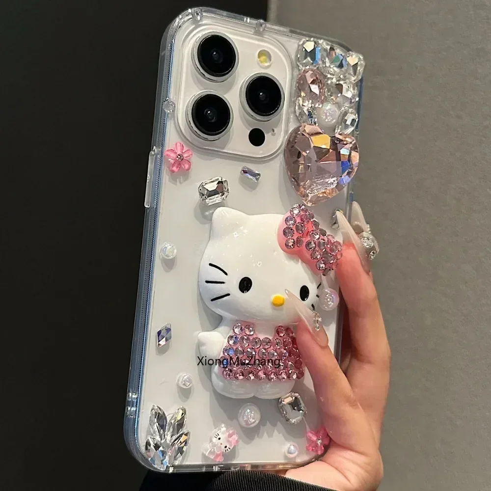 Sanrio Hello Kitty Protective Case for IPhone 15 Pro Max 14 Plus 11 12ProMax 13Mini Heart Shape Rhinestone Fashion Custom Cover