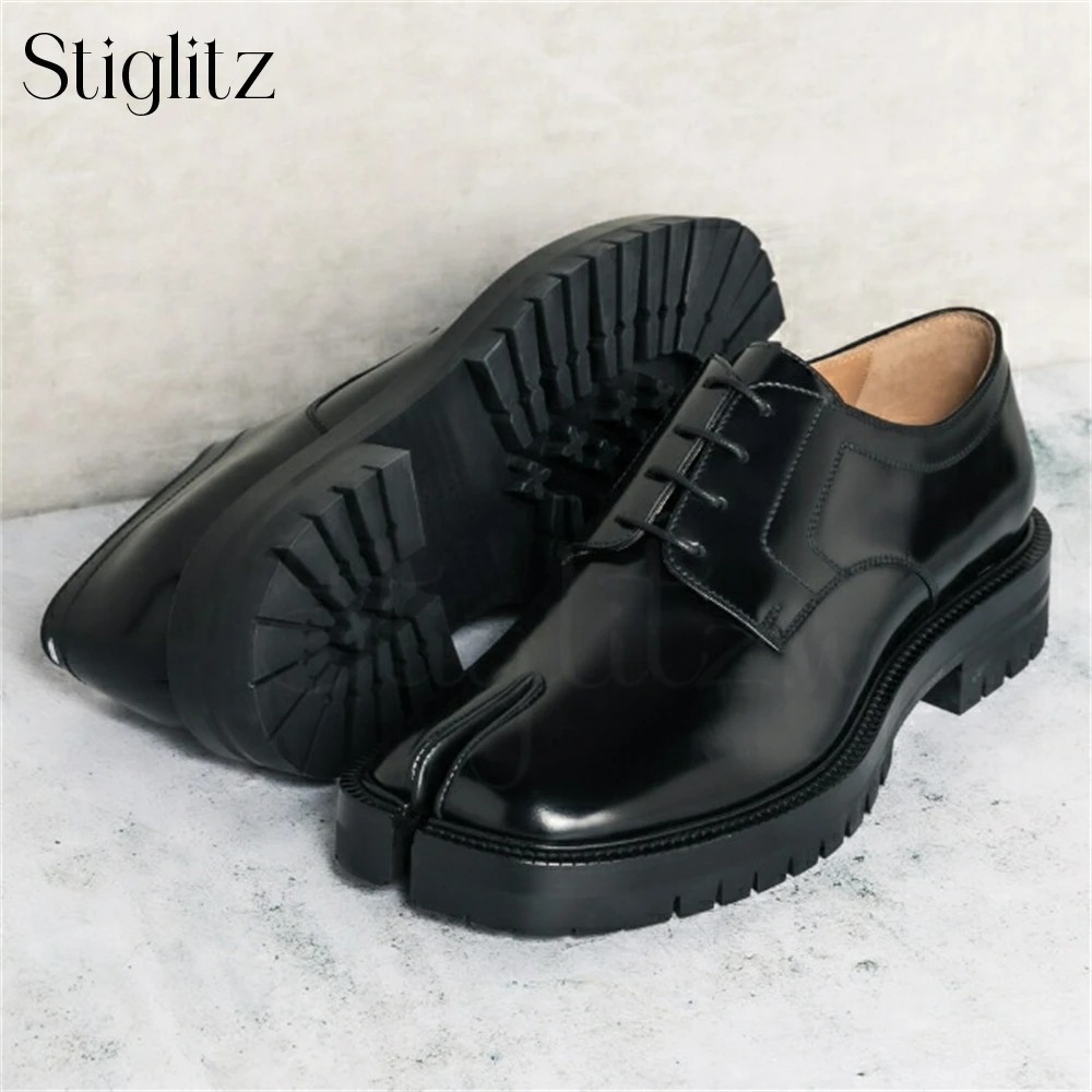 Black Matte Leather Lace-Up Tabi Shoes Square Toe Platform Designer Style Split Toe Leather Men Shoes Custom Color Casual Lofers