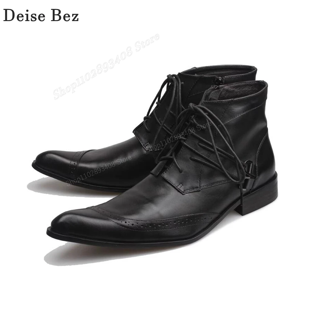 

Black Cross Tied Men Boots Pointed Toe Lace up Leather Flat with Business Party Fashion Men Shoes 2023 New Zapatillas Mujers