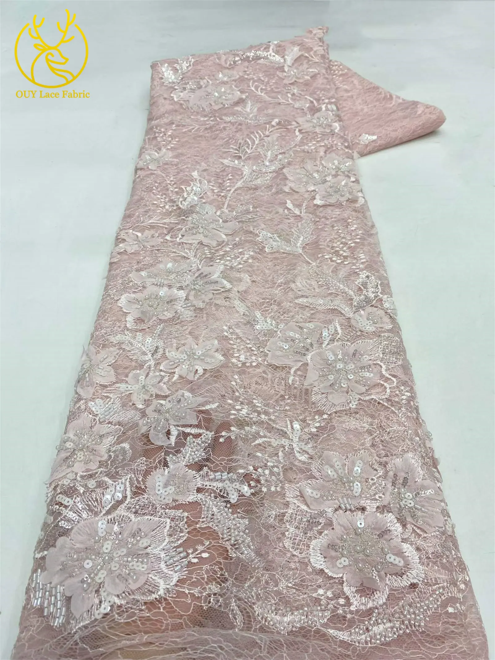 Neuer Stil Afrikanischer 3D-Stickerei-Perlen-Blumen-Spitzenstoff 2026 Französischer Pailletten-Spitzenstoff zum Nähen von Brautkleidern und Partykleidern – Detail 17