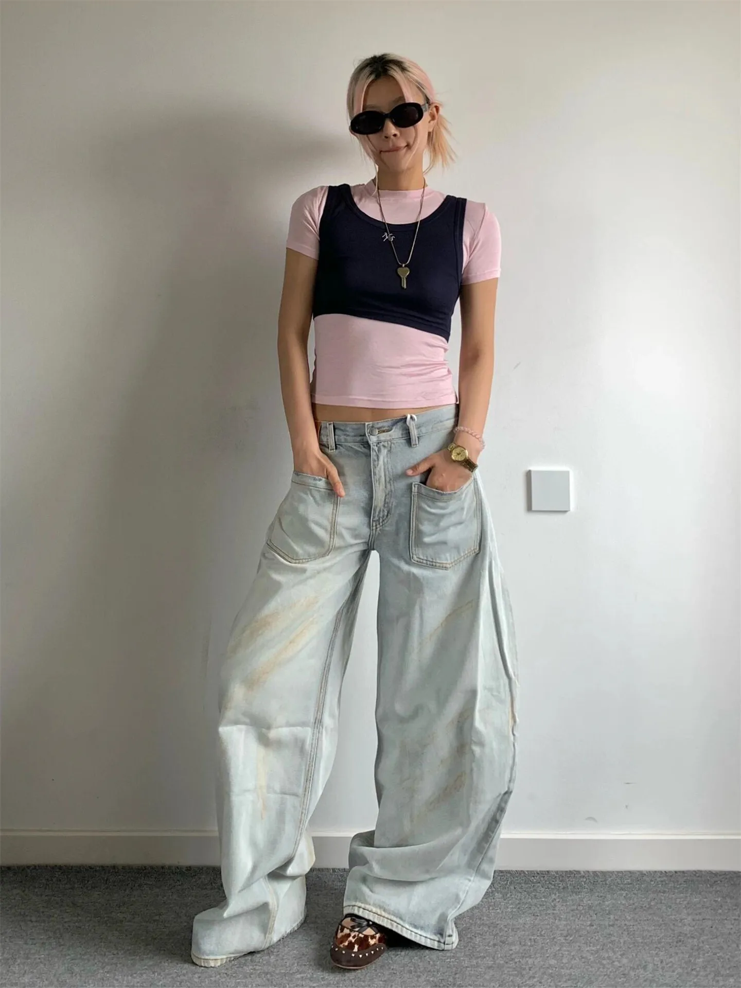 

Retro American White Porcelain Color Design Wide Leg Jeans Women's Spring Autumn Loose Slimming Tall Extended Floor-Length Pants