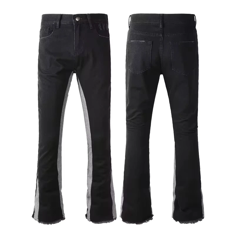 Four Seasons Men's Casual Black Elastic Jeans Bootcut Pants Trendy Spliced  High Street Denim Trousers Male Men's Streetwear
